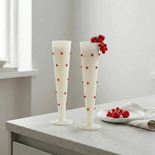 Red Polka Dot White Champagne Flutes 2-Piece Set