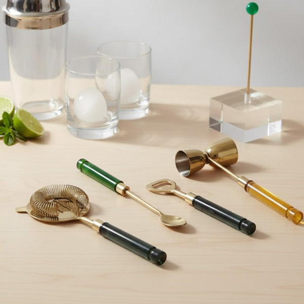 5-Piece Gold Bartender Kit with Stand. Stainless Steel Bar Tool Set, Colorful Handles. Includes Jigger, Strainer, Spoon, Bottle Opener Luxury Home Bar Cart Accessories, Cocktail Decor & Mixer Gift Set