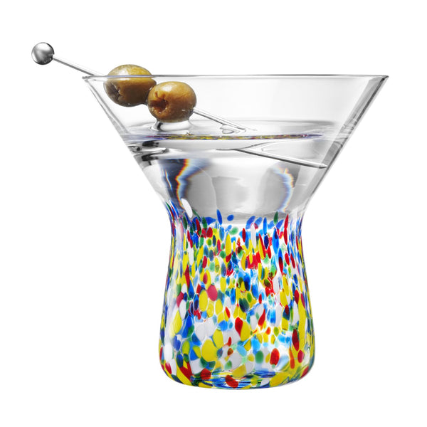 The Wine Savant Stemless Martini Glasses Hand Blown Mexican Confetti Design Colorful Glass Drinkware - Set of 2 Clear
