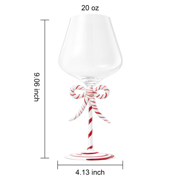 Khen Christmas Candy Cane Bow Wine Glasses - Set of 4 - Festive Santa Ribbon Stem Goblets 20oz Red & White Striped Borosilicate Drinkware, Holiday Entertaining Winter Parties Home Bar Decor Gift