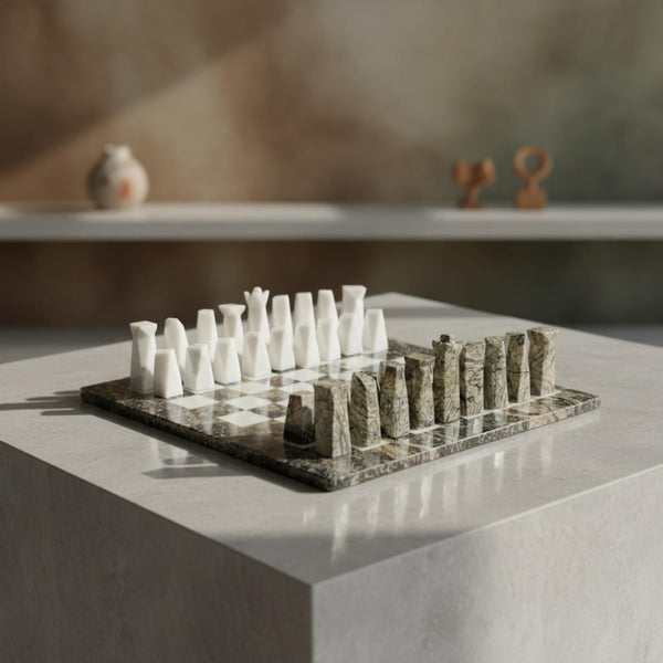 Marble Chess Set, 16.92 x 16.53 Inch Black and White Stone