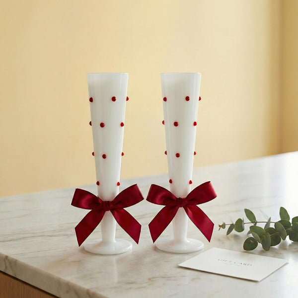 Red Polka Dot White Champagne Flutes 2-Piece Set