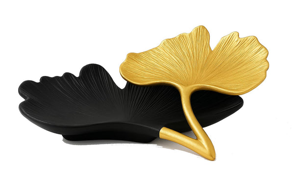 Black & Gold Ginkgo Leaf Tray, 2-Tier Centerpiece