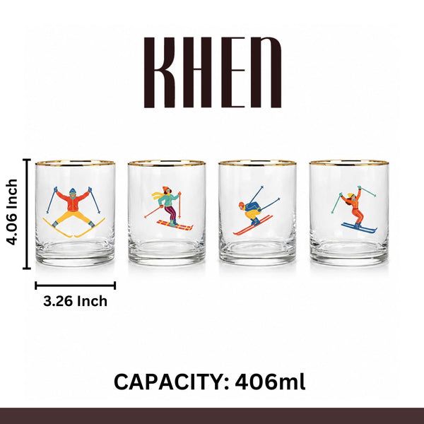 Skiers Glass Set, 4 Piece 13.7 oz 4.06 in Multicolor Clear Gold
