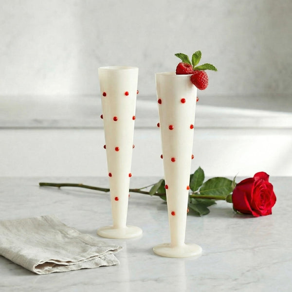 Red Polka Dot White Champagne Flutes 2-Piece Set