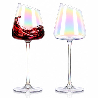 Slanted Iridescent Wine Glass, Clear Glass Angled Rainbow