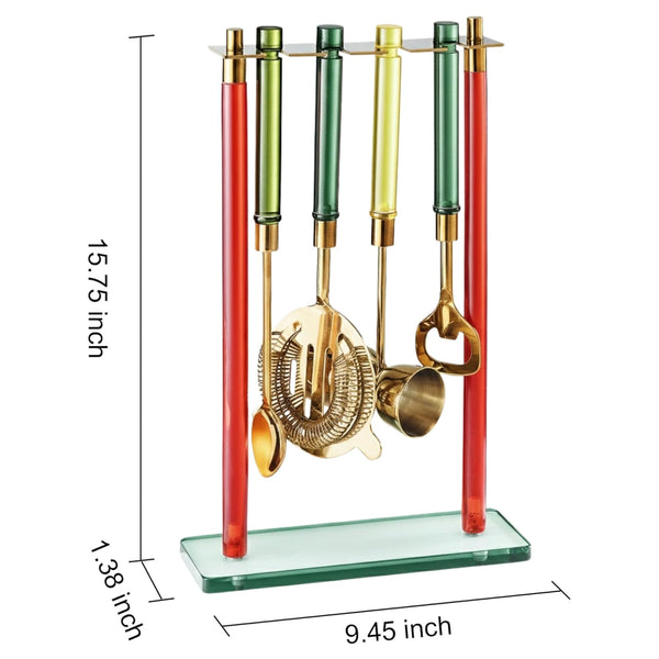 5-Piece Gold Bartender Kit with Stand. Stainless Steel Bar Tool Set, Colorful Handles. Includes Jigger, Strainer, Spoon, Bottle Opener Luxury Home Bar Cart Accessories, Cocktail Decor & Mixer Gift Set