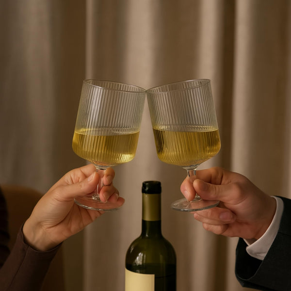 Khen Textured Clear Glass Ribbed Modern Elegant Wine Goblets for Red White Rosé Beverages | Set of 2 | Tall Ripple Stemware Drinkware Cups | Minimalist Durable Aesthetic Table Kitchen Bar Party Use