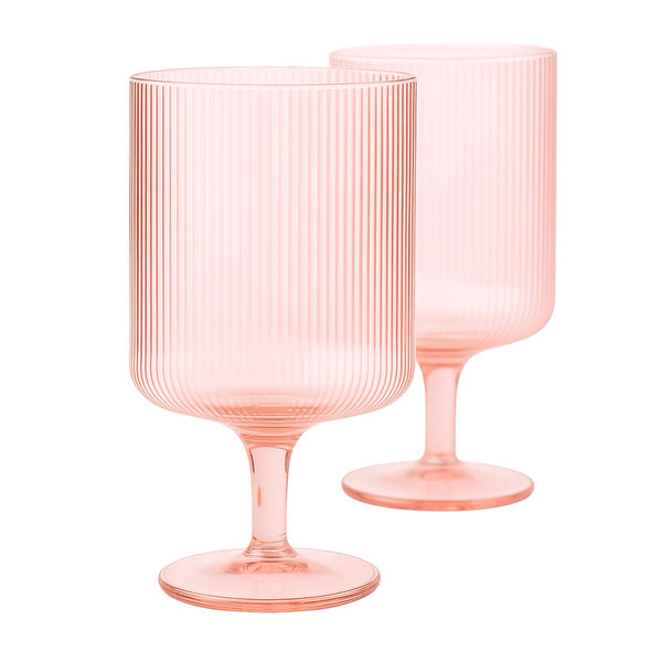 Khen Ripple Textured Blush Pink Stemmed Glass Wine Goblets | Set of 2 | 300ml Clear Elegant Romantic Drinkware for Red White Rosé Cocktail | Como Collection | Vintage Bar Kitchen Aesthetic Glasses