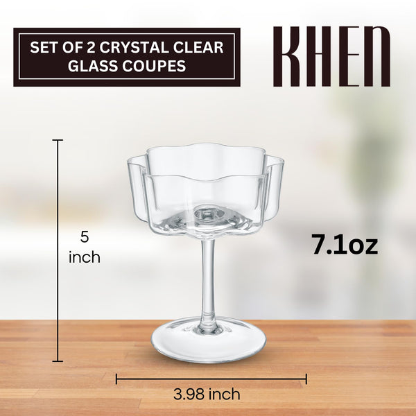 Flower Wave Coupe Cocktail Colored Glasses | Set of 2 | Clear