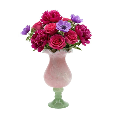 Sunrise Blush Murano Style Ruffled Glass Vase: Pink and Green Art Glass