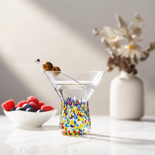 The Wine Savant Stemless Martini Glasses Hand Blown Mexican Confetti Design Colorful Glass Drinkware - Set of 2 Clear