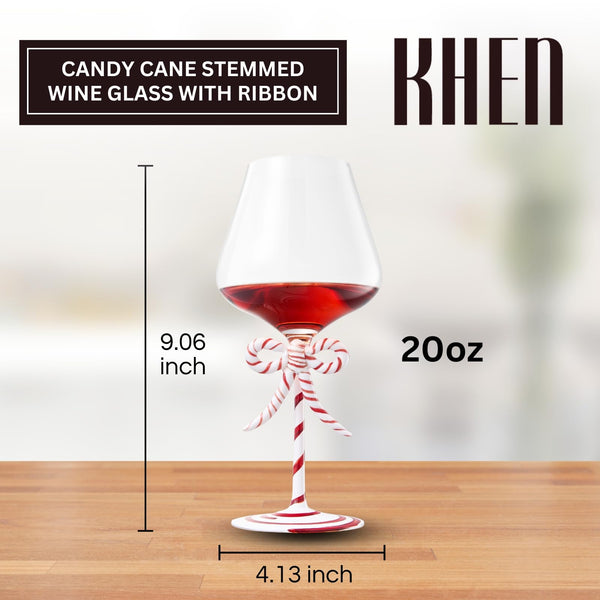 Khen Christmas Candy Cane Bow Wine Glasses - Set of 4 - Festive Santa Ribbon Stem Goblets 20oz Red & White Striped Borosilicate Drinkware, Holiday Entertaining Winter Parties Home Bar Decor Gift