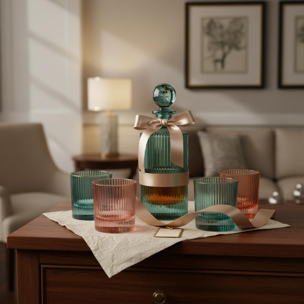 Khen Ribbed Decanter Set with 4 Glasses – Whiskey Bourbon Scotch Cocktail Drinkware | 5-Piece Muted Toned Glassware Collection | European Inspired Durable Barware Gift Elegant Home Bar 27oz 10oz