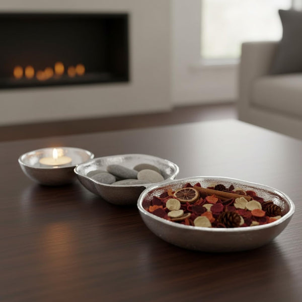 3 Cluster Decorative Bowls Bright Silver Snack Tray Bowl Chip & Dip Serving Piece Strong Brass Centerpiece Beautiful Room Accent & Entertaining Parties Home Decor Wedding Gifts 14 Inch Decorative Gift