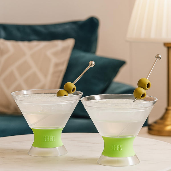 Khen Cooling Martini Glasses – Double-Wall Insulated 10 oz Cocktail Glasses with Frosted Base – BPA-Free, Shatterproof, Reusable Drinkware for Parties & Home Bars - Set of 2