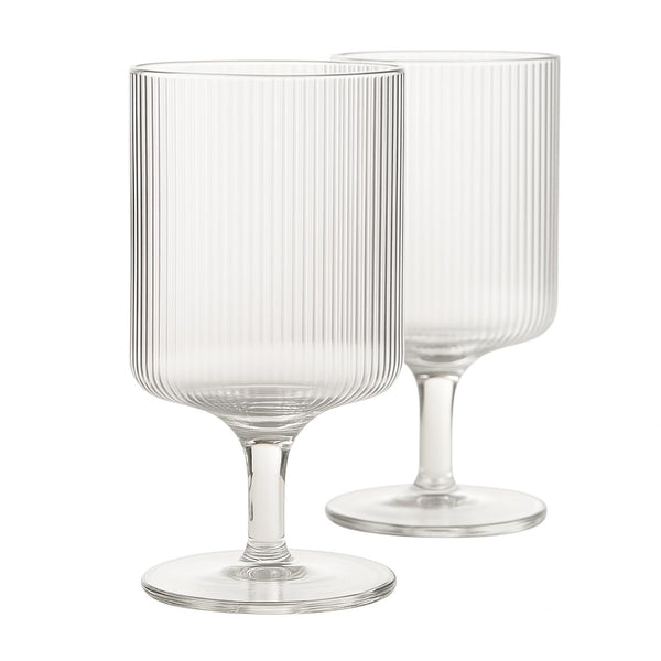 Khen Textured Clear Glass Ribbed Modern Elegant Wine Goblets for Red White Rosé Beverages | Set of 2 | Tall Ripple Stemware Drinkware Cups | Minimalist Durable Aesthetic Table Kitchen Bar Party Use