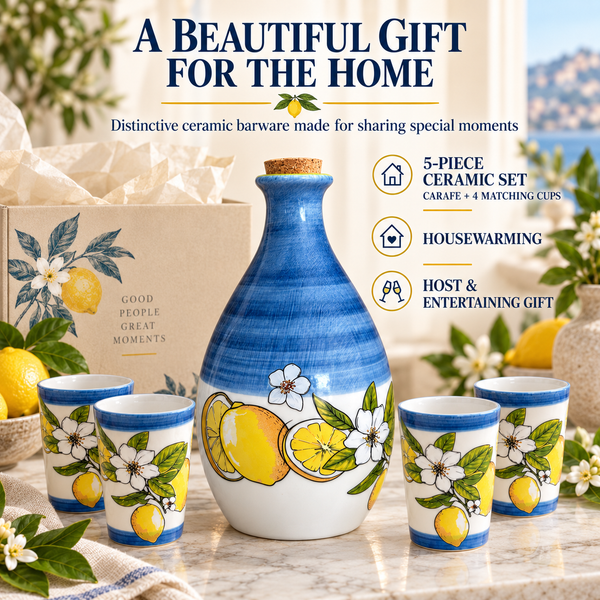 Limoncello Bottle With 4 Cups 24Oz Carafe 3 Oz Cups Ceramic Italian Barware