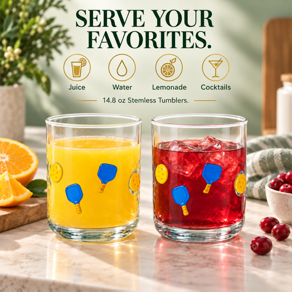 Khen Set of 2 Pickleball Paddle Icon Juice Glass Athletic Sports Cup 14.8oz