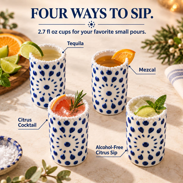 Khen Tequila Ceramic Shot Glasses, Set of 4 White and Blue Shooter Cups