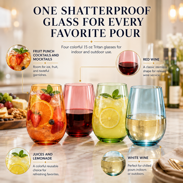 Tritan 15oz Shatterproof Stemless Wine Glasses - Set of 4 Plastic Tumblers