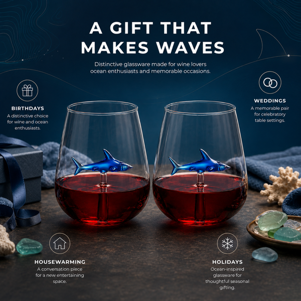 Handcrafted Stemless Shark Wine Glass - Personalized Set of 2