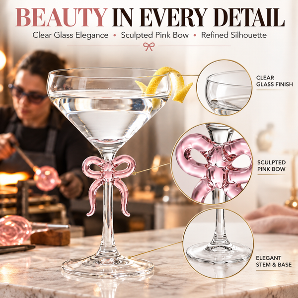 Single Clear Martini Glass with Pink Bow on Stem, One Piece