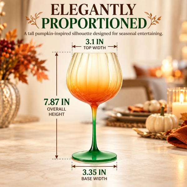 Khen Pumpkin Wine Glasses Fall Inspired Lightweight - Set of 2 Orange & Green