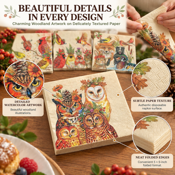 Khen Woodland Napkins, 100 Pack 4 Designs, 5