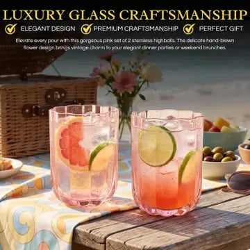 Pink Vintage Flower Stemless Highball Glasses Set of 2, 13 oz
