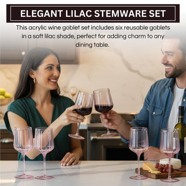 Khen Acrylic Lucia Stemmed Goblets - Unbreakable Wine Glasses Reusable Drinking Cups Dishwasher Safe Elegant Stemware for Cocktail Champagne | Kitchen Bar Party | Set of 6 |14oz | Lilac