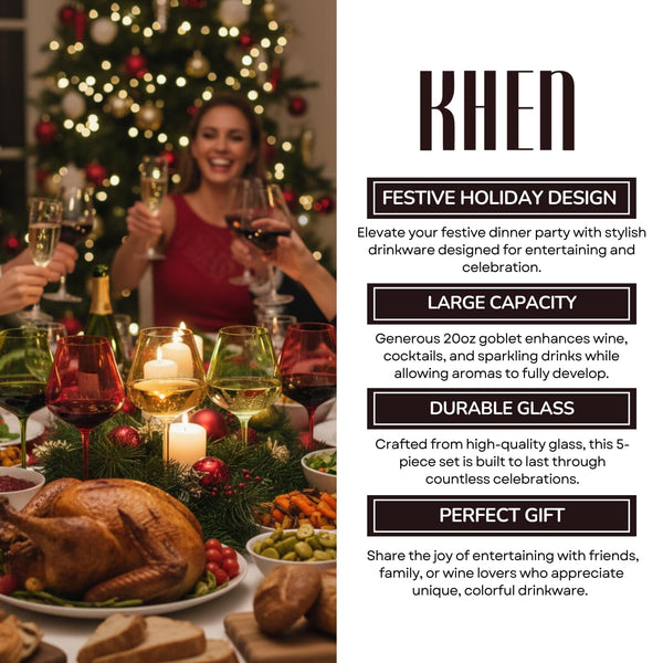 Christmas Holiday Wine Glasses Set of 5 – 20oz Goblets