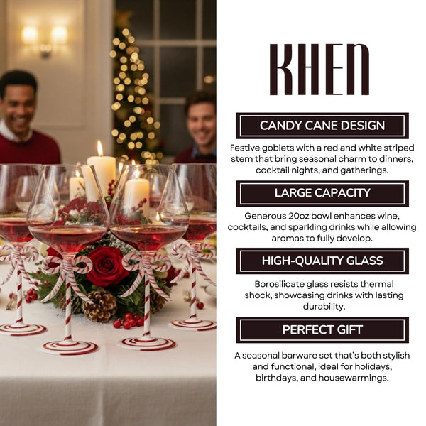 Khen Christmas Candy Cane Bow Wine Glasses - Set of 4 - Festive Santa Ribbon Stem Goblets 20oz Red & White Striped Borosilicate Drinkware, Holiday Entertaining Winter Parties Home Bar Decor Gift