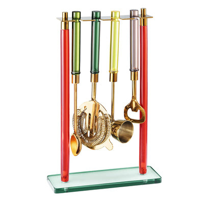 5-Piece Gold Bartender Kit with Stand. Stainless Steel Bar Tool Set, Colorful Handles. Includes Jigger, Strainer, Spoon, Bottle Opener Luxury Home Bar Cart Accessories, Cocktail Decor & Mixer Gift Set