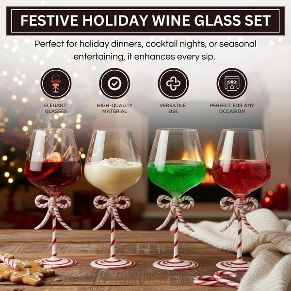 Khen Christmas Candy Cane Bow Wine Glasses - Set of 4 - Festive Santa Ribbon Stem Goblets 20oz Red & White Striped Borosilicate Drinkware, Holiday Entertaining Winter Parties Home Bar Decor Gift