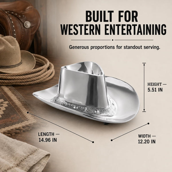 Cowboy Hat Chip and Dip Serving Bowl Silver Brass Snack