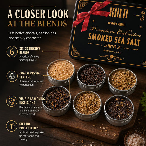 Smoke & Flame Sea Salt Gift Set of 6 – Gourmet Chefs Smoked Finishing Seasoning Variety Pack - Tin Gift Box