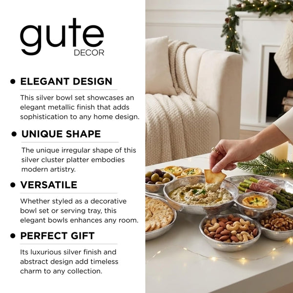 Cluster of 10 Round Serving Bowls Silver Clusters Decorative Elegant Snack Tray for Olives, Chip & Dip, Nuts, Appetizers & Entertaining Strong Brass & Enamel Home Decor Gifts, Parties & Weddings 20.5