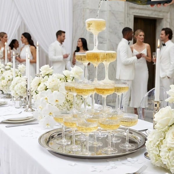 Premium ACRYLIC Champagne Tower Kit | 21 Stackable 7 oz Plastic Coupe Flutes | Reusable & Shatterproof Clear Plastic Glasses for Wedding Receptions, Birthday Parties, and Special Events, Clear Tall