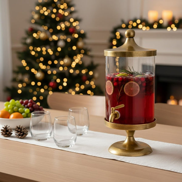 Brass Gold & Glass, 3 Gallon Beverage Dispenser w/ Bamboo Stand & Spigot, 20.1