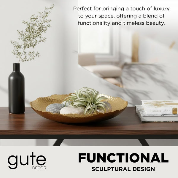 Gold Hammered Decorative Bowl Elegant Aluminum Centerpiece with Textured Finish Large Round 13 Inch Metallic Display Bowl for Home Kitchen or Dining Table Accent Modern Decorative Gifts Decor Bowls