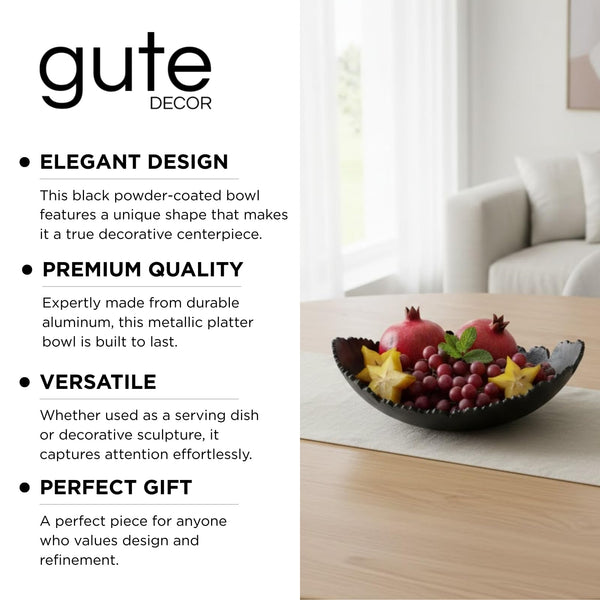 Black Powder Coated Platter Bowl – Modern Aluminum Decorative Centerpiece | Home Kitchen Dining Table Accent | Single Piece | 12