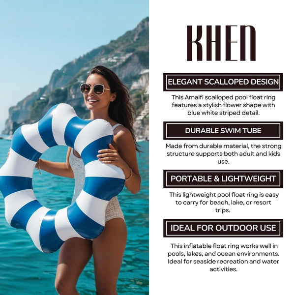 Amalfi Scalloped Pool Float Ring, 1 Piece, Blue & White Inflatable Swim Tube