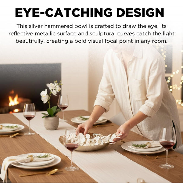 Silver Hammered Decorative Bowl Elegant Aluminum Centerpiece with Textured Finish Large Round 13 Inch Metallic Display Bowl for Home Kitchen or Dining Table Accent Modern Decorative Gifts Decor Bowls