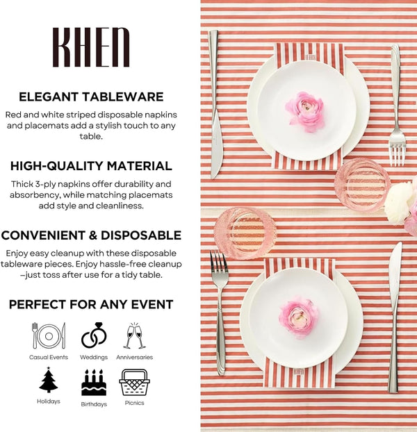 Khen Napkin Placemat Stripe Red Set of 50