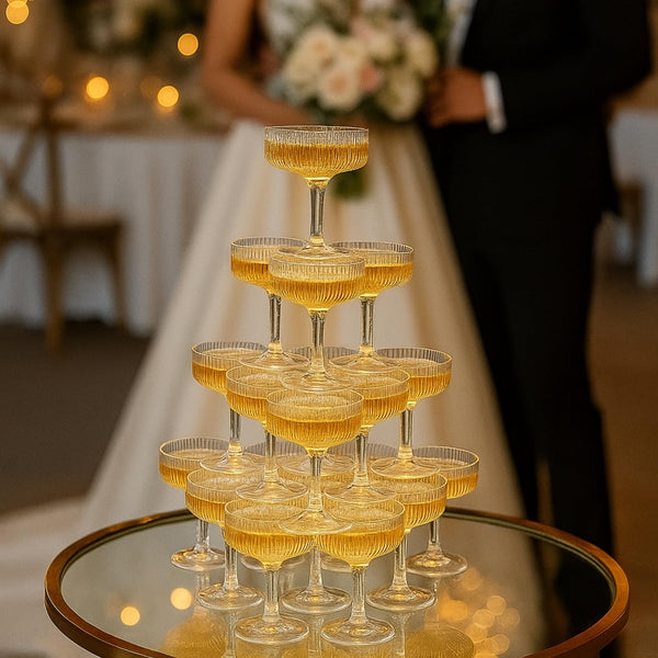 Glass Champagne Tower Set of 20 Crystal Coupes – 7oz Clear Stackable Coupe Glasses for Building Champagne Fountains at Weddings, Parties, Events, & Celebrations – Elegant Toasting Cups for Displays