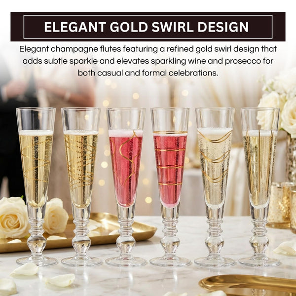 Gold Sparkle Champagne Flutes, Set of 6, Tall 6.4oz 8.74