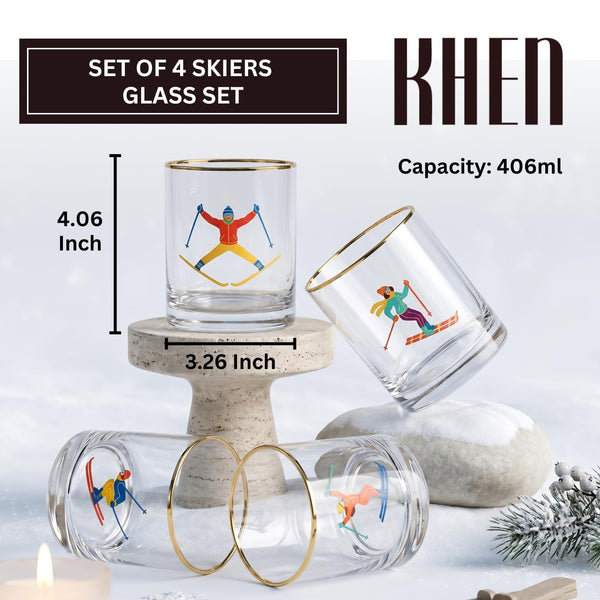 Skiers Glass Set, 4 Piece 13.7 oz 4.06 in Multicolor Clear Gold