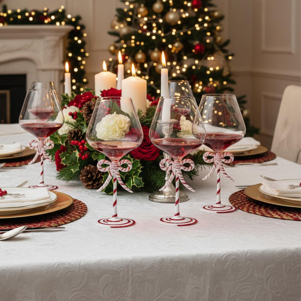 Khen Christmas Candy Cane Bow Wine Glasses - Set of 4 - Festive Santa Ribbon Stem Goblets 20oz Red & White Striped Borosilicate Drinkware, Holiday Entertaining Winter Parties Home Bar Decor Gift