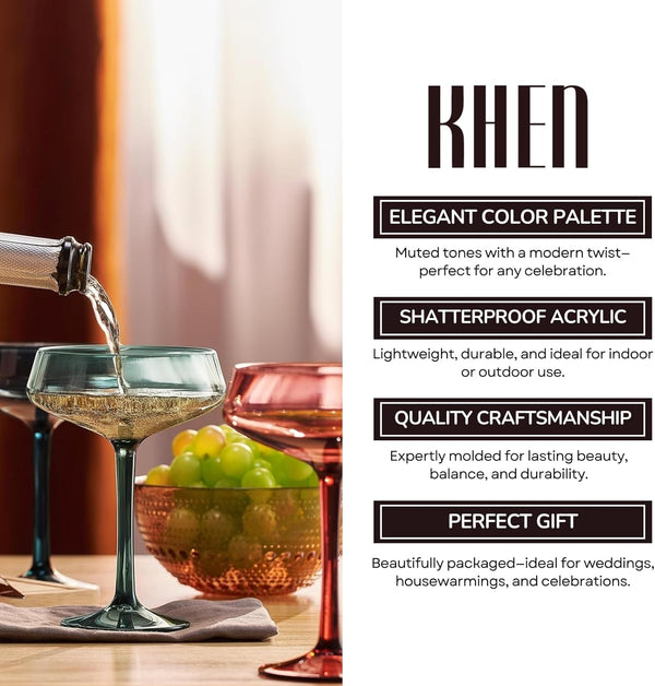 Khen Colored Acrylic Coupe Glasses – Set of 4 Stemmed 8 oz Cocktail Glasses in Muted Tones – Shatterproof, Reusable Drinkware for Martinis, Champagne, and Special Occasions